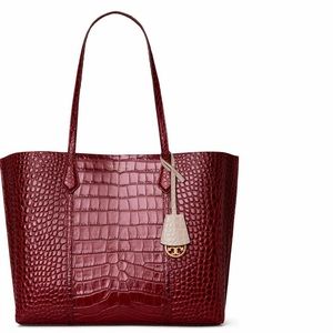 NWT Tory Burch Leather PERRY CROC EMBOSSED TRIPLE-COMPARTMENT
TOTE CLARET NWT